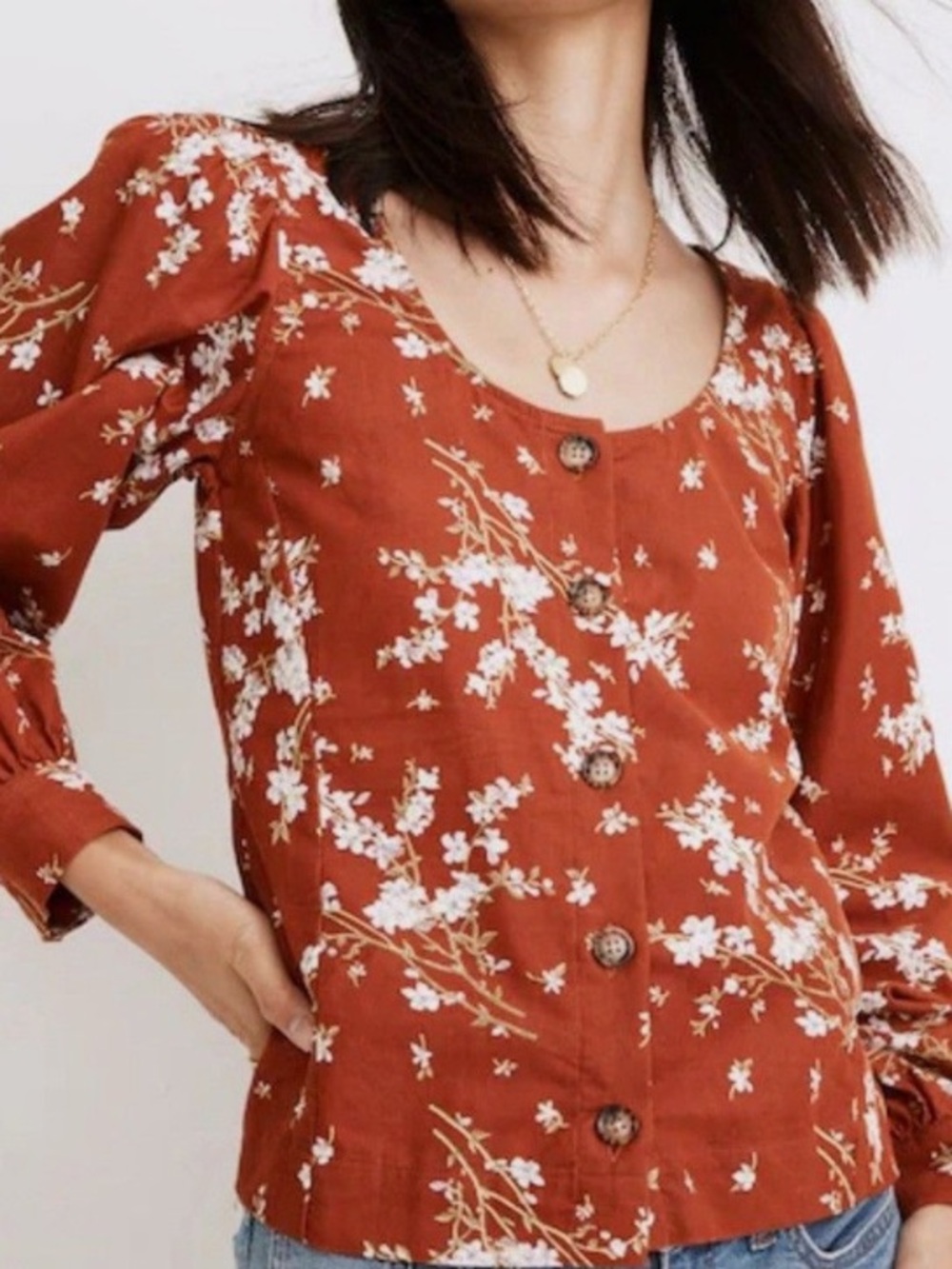 Madewell Rust Orange Floral Button-Front Puff Sleeve Corduroy Top Size XXL